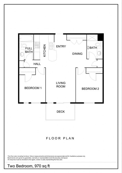 Floor plan for 2 beds, 1 bath, 956 sqft